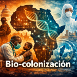 Ilustración conceptual de África con ADN y datos digitales que simbolizan la bio-colonización y la explotación de datos sanitarios africanos en la geopolítica global de la salud.
