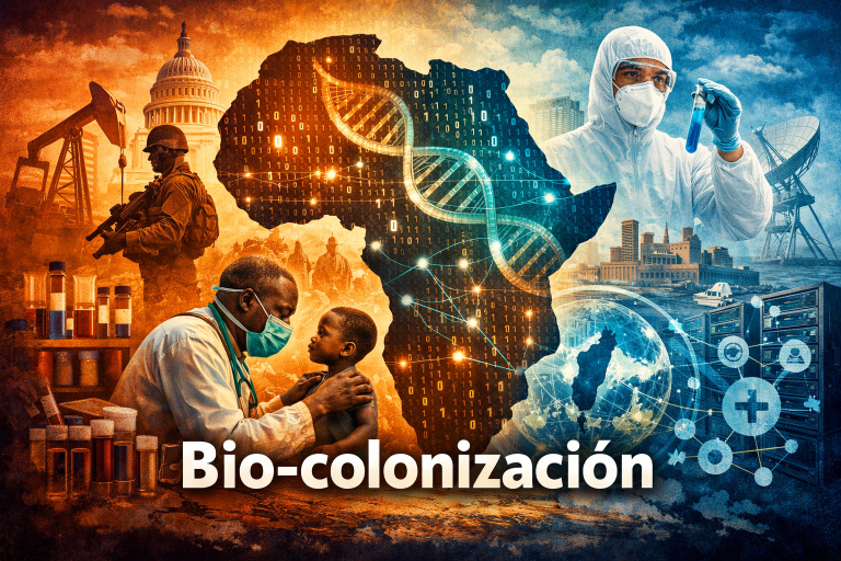 Ilustración conceptual de África con ADN y datos digitales que simbolizan la bio-colonización y la explotación de datos sanitarios africanos en la geopolítica global de la salud.