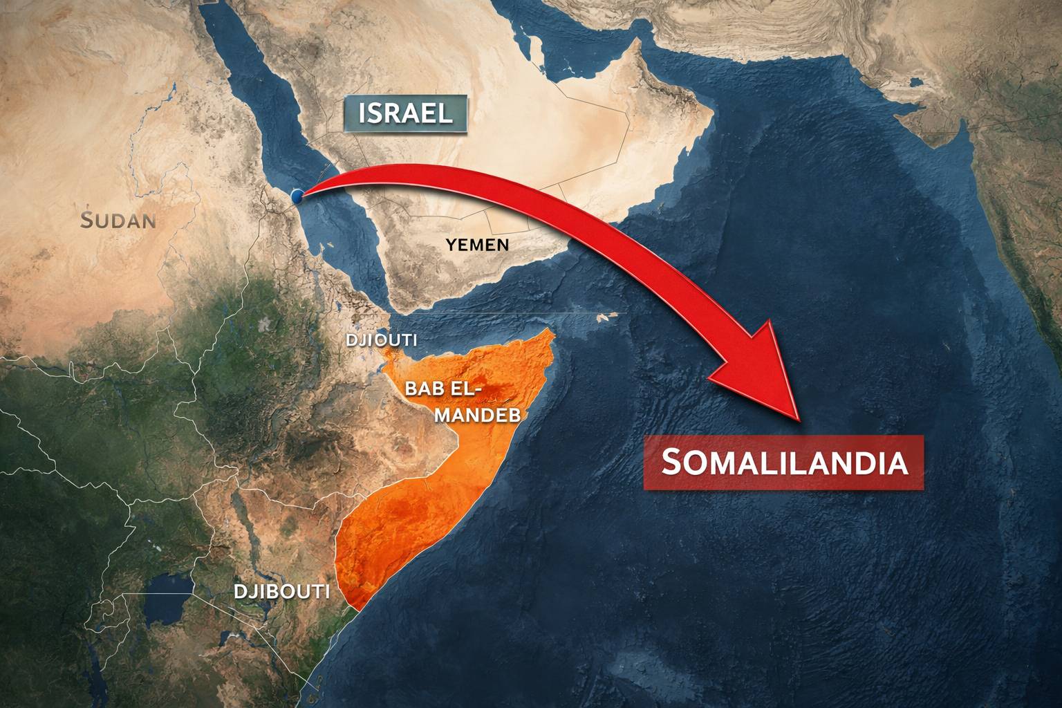 Mapa del mar Rojo mostrando Somalilandia y una flecha estratégica desde Israel hacia el Cuerno de África