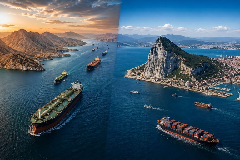 Estrechos de Ormuz y Gibraltar como puntos estratégicos de las rutas marítimas entre Europa, África, Oriente Medio y el comercio mundial