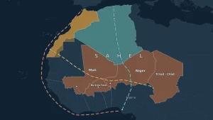 Mapa esquemático de Marruecos, Argelia y los Estados del Sahel con los corredores proyectados hacia el Atlántico y el Mediterráneo
